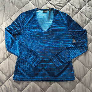 (M) Women's NY & CO Blue Snakeskin Print Long Sleeve V-neck Blouse